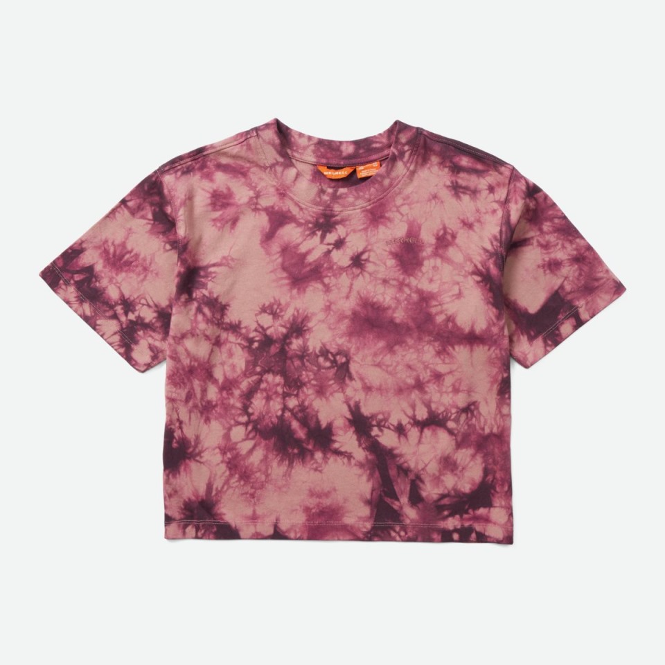 Merrell Burgunder-Batik-Bogen-T-Shirt Für Frauen Mit Sonneneinstrahlung Merrell Burgunder-Batik-Bogen-T-Shirt Für Frauen Mit Sonneneinstrahlung